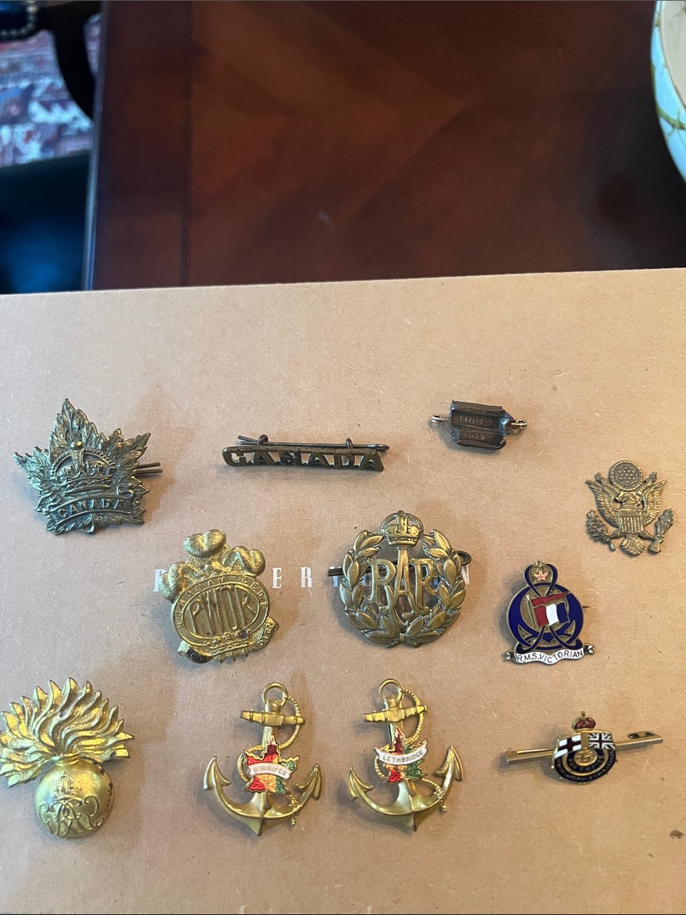 Military pins. Cap badges, RAF, PWOR, etc. French, American, Belgium